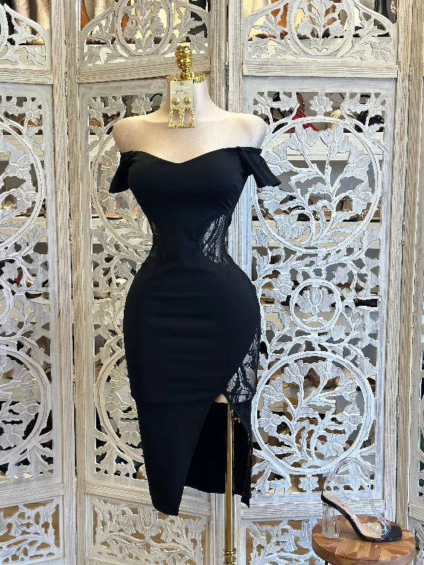 One Shoulder Party Dresses with Lace Overlay for Ladies' Sophisticated AppealBlack Off Shoulder Lace Cutout Dress - Estira, Stretchy One Shoulder Party Dresses with Lace Overlay for Ladies' Sophisticated AppealBlack Off Shoulder Lace Cutout Dress - Estira, Stretchy