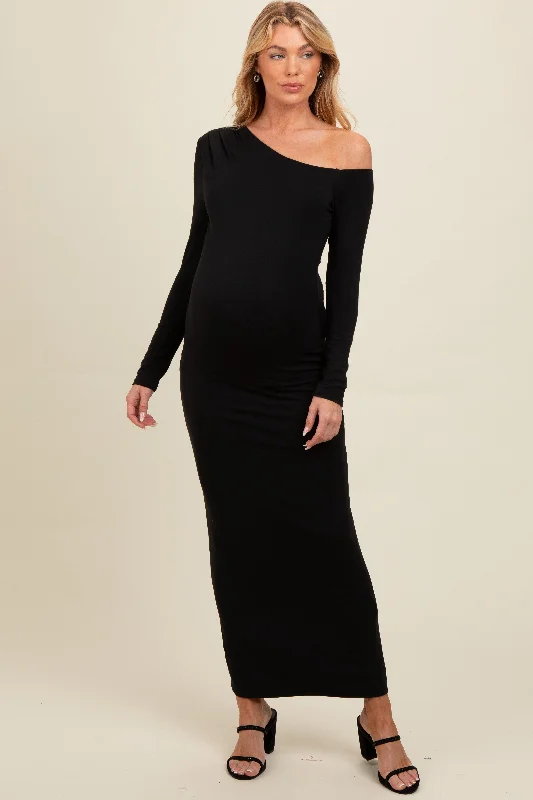 Stretch - fabric midi dress for a flexible and body - hugging fitBlack One Shoulder Long Sleeve Maternity Midi Dress Stretch - fabric midi dress for a flexible and body - hugging fitBlack One Shoulder Long Sleeve Maternity Midi Dress
