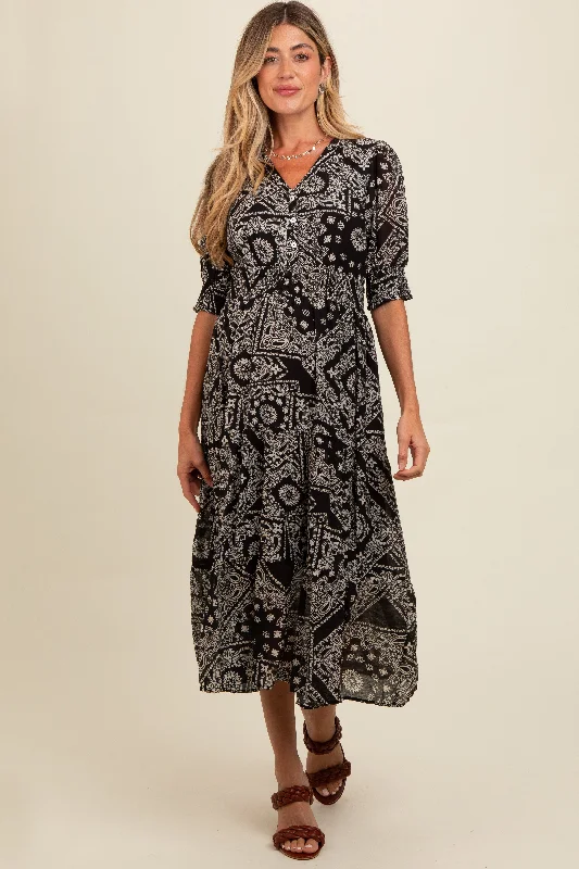 Hooded midi dress for a casual and cozy styleBlack Paisley Button Front V-Neck Tiered Maternity Midi Dress
