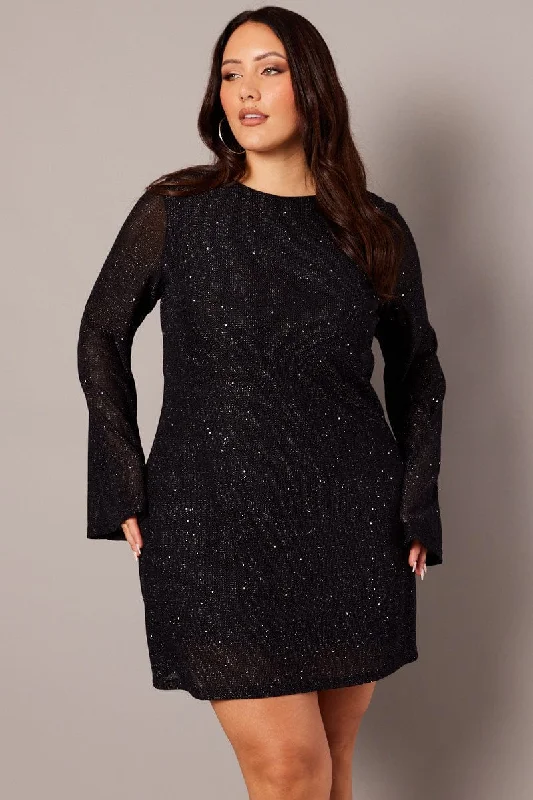 Party Dresses with Tulle Overlay and Beaded Bodice and High Low Hem for Ladies' Dramatic and Graceful LookBlack Sparkle Flare Sleeve Cowl Low Back Minidress Party Dresses with Tulle Overlay and Beaded Bodice and High Low Hem for Ladies' Dramatic and Graceful LookBlack Sparkle Flare Sleeve Cowl Low Back Minidress