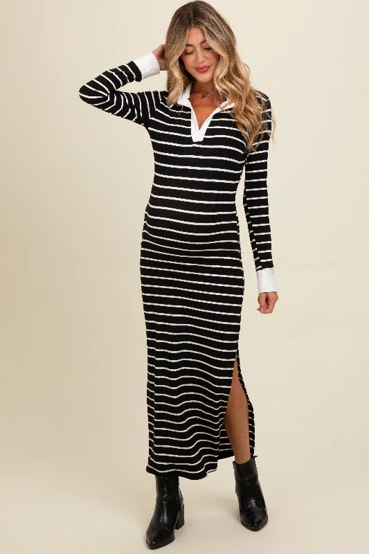 Plaid midi dress for a classic and preppy styleBlack Striped Collared Long Sleeve Maternity Midi Dress Plaid midi dress for a classic and preppy styleBlack Striped Collared Long Sleeve Maternity Midi Dress