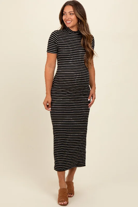 Plus size A - line midi dress with a flattering fitBlack Striped Mock Neck Fitted Maternity Midi Dress Plus size A - line midi dress with a flattering fitBlack Striped Mock Neck Fitted Maternity Midi Dress