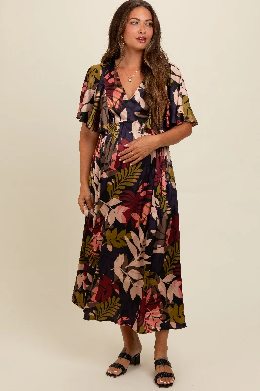 Midi dress for a music festival with a bohemian - inspired outfitBlack Tropical Print Flutter Sleeve Satin Maternity Midi Dress Midi dress for a music festival with a bohemian - inspired outfitBlack Tropical Print Flutter Sleeve Satin Maternity Midi Dress