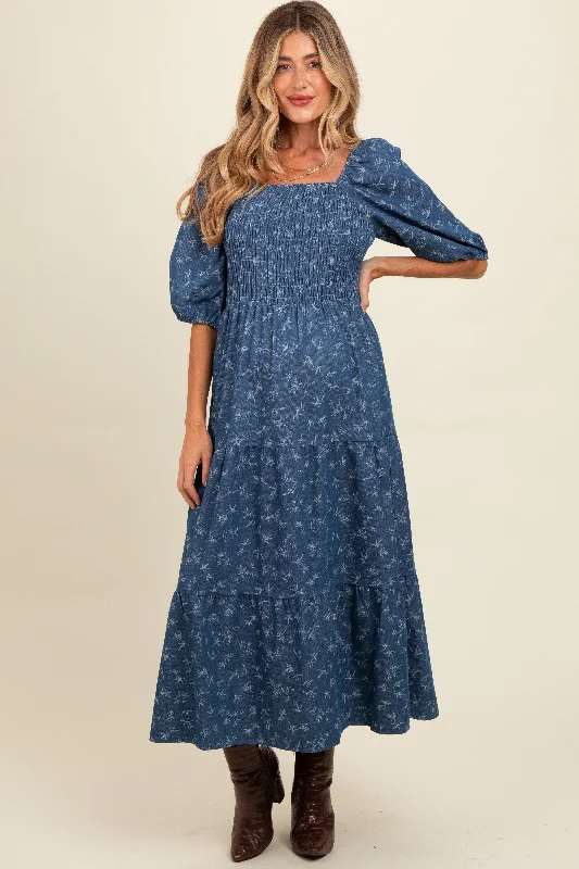 Midi dress for a church service in a more relaxed and modern churchBlue Chambray Printed Smocked Maternity Midi Dress Midi dress for a church service in a more relaxed and modern churchBlue Chambray Printed Smocked Maternity Midi Dress