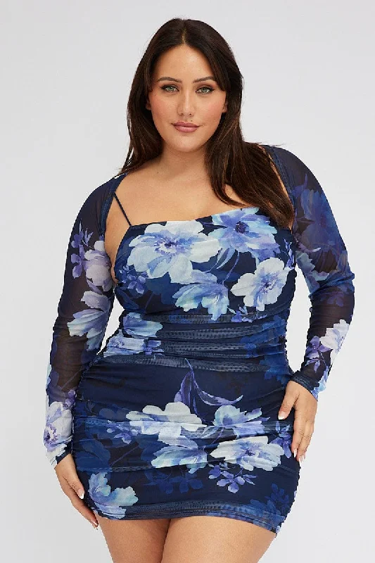 Party Dresses with Embroidered Party Animals and Colorful Sequins for Ladies' Themed Party FunBlue Floral Mesh Bodycon Ruched Dress With Shrug Party Dresses with Embroidered Party Animals and Colorful Sequins for Ladies' Themed Party FunBlue Floral Mesh Bodycon Ruched Dress With Shrug