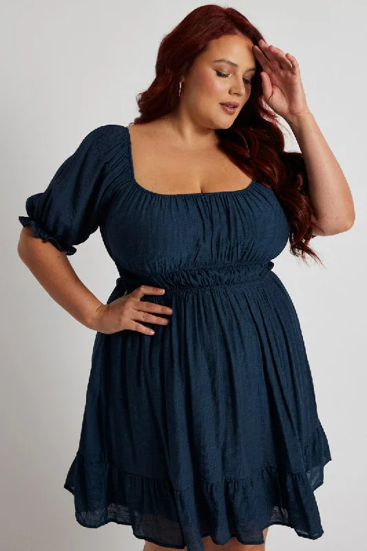 Party Dresses with Sequined Star Motifs and Sheer Sleeve and Ruffled Hem for Ladies' Celestial and Flirty LookBlue Mini Dress Gather Waist Frill Hem Party Dresses with Sequined Star Motifs and Sheer Sleeve and Ruffled Hem for Ladies' Celestial and Flirty LookBlue Mini Dress Gather Waist Frill Hem