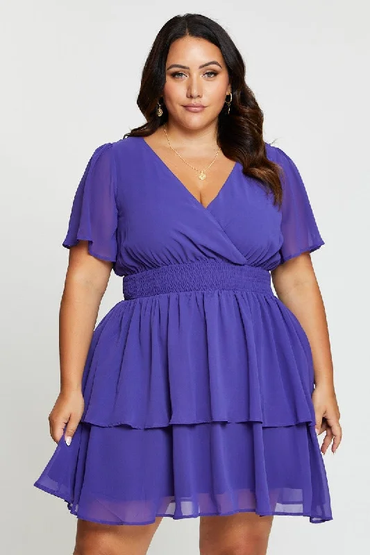 Party Dresses with Beaded Floral Wreath on the Bodice and High Low Hem for Ladies' Delicate and Dramatic LookBlue Skater Dress V-neck Short Sleeve Tie Party Dresses with Beaded Floral Wreath on the Bodice and High Low Hem for Ladies' Delicate and Dramatic LookBlue Skater Dress V-neck Short Sleeve Tie