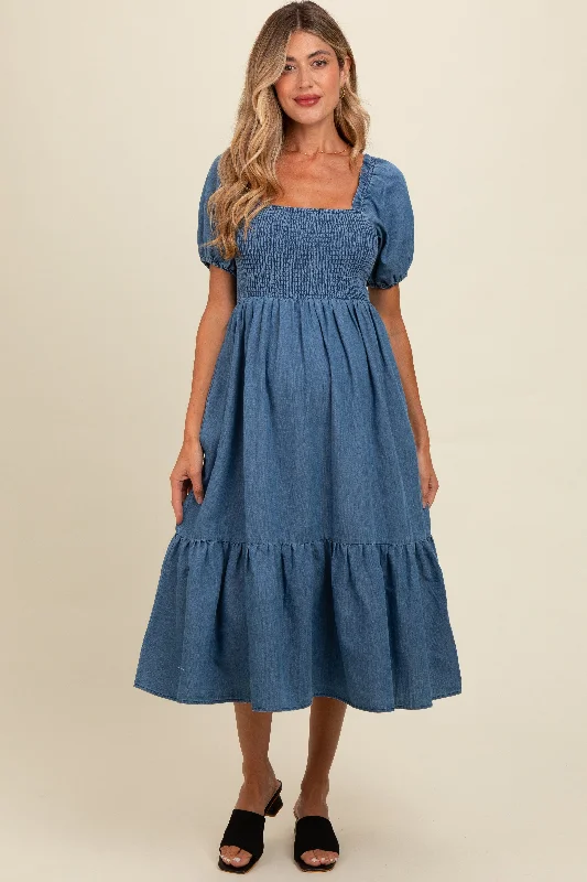 Midi dress for a date when styled with a cute top and heelsBlue Vintage Wash Chambray Smocked Maternity Midi Dress Midi dress for a date when styled with a cute top and heelsBlue Vintage Wash Chambray Smocked Maternity Midi Dress