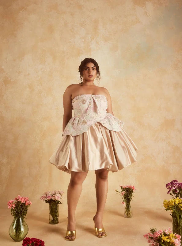 Party Dresses with Lace and Tulle Combo and Bow Accents for Ladies' Fairy Tale LookEmersyn Blush and Gold Embroidered Jacquard Puff Corset Mini Dress Party Dresses with Lace and Tulle Combo and Bow Accents for Ladies' Fairy Tale LookEmersyn Blush and Gold Embroidered Jacquard Puff Corset Mini Dress