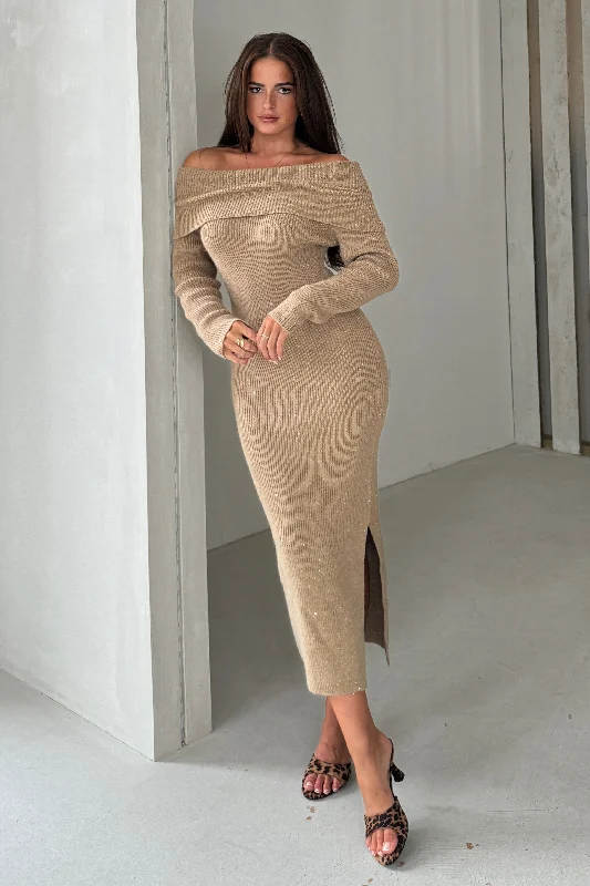 Midi dress for a night out at a club or partyBrea Knitted Sequin Bardot Midi Dress Camel Midi dress for a night out at a club or partyBrea Knitted Sequin Bardot Midi Dress Camel