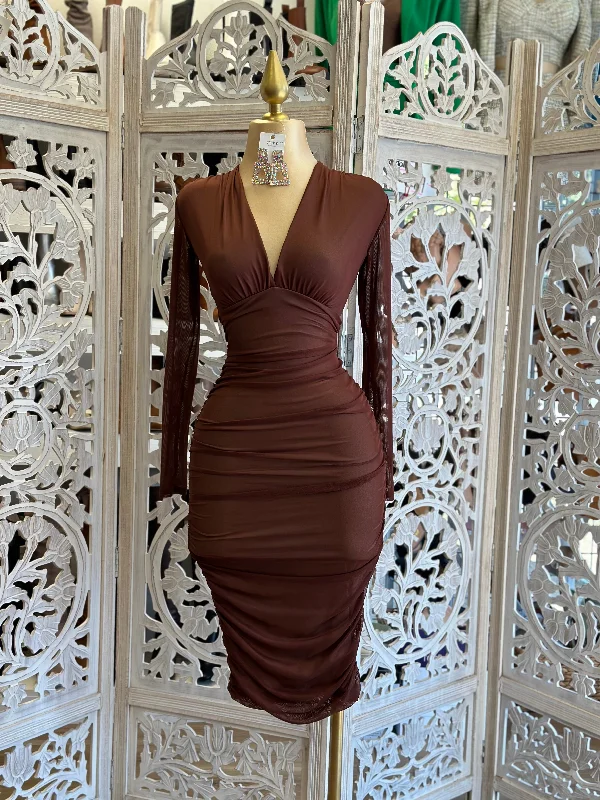 Asymmetric hem midi dress for a unique and fashionable styleBrown Crossed Mesh Midi Dress Asymmetric hem midi dress for a unique and fashionable styleBrown Crossed Mesh Midi Dress