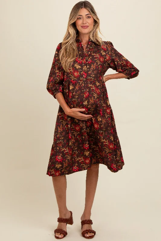 Printed - animal - pattern midi dress for a wild and trendy lookBrown Floral Button Down Maternity Midi Dress