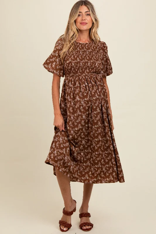 Cold - shoulder midi dress for a trendy and modern styleBrown Floral Smocked Maternity Midi Dress