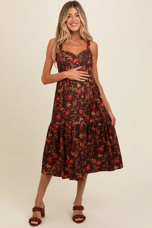 Trumpet - style midi dress for a flared and stylish silhouetteBrown Floral Sweetheart Neck Button Down Maternity Midi Dress