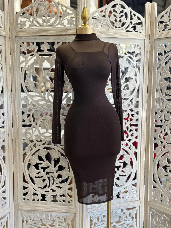 Midi dress for a business - casual setting when paired with a blazerBrown Mesh Mock Neck Midi Dress Midi dress for a business - casual setting when paired with a blazerBrown Mesh Mock Neck Midi Dress
