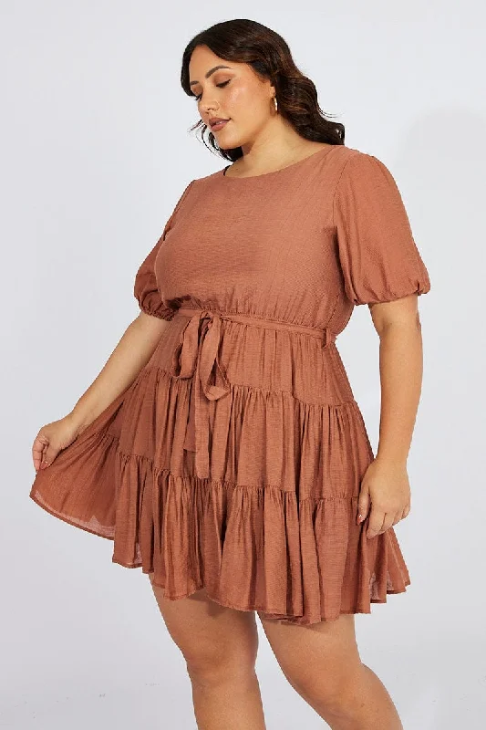 Satin Party Dresses with Floral Embroidery for Ladies' Romantic AppealBrown Skater Dress Short Puff Sleeve Textured Satin Party Dresses with Floral Embroidery for Ladies' Romantic AppealBrown Skater Dress Short Puff Sleeve Textured