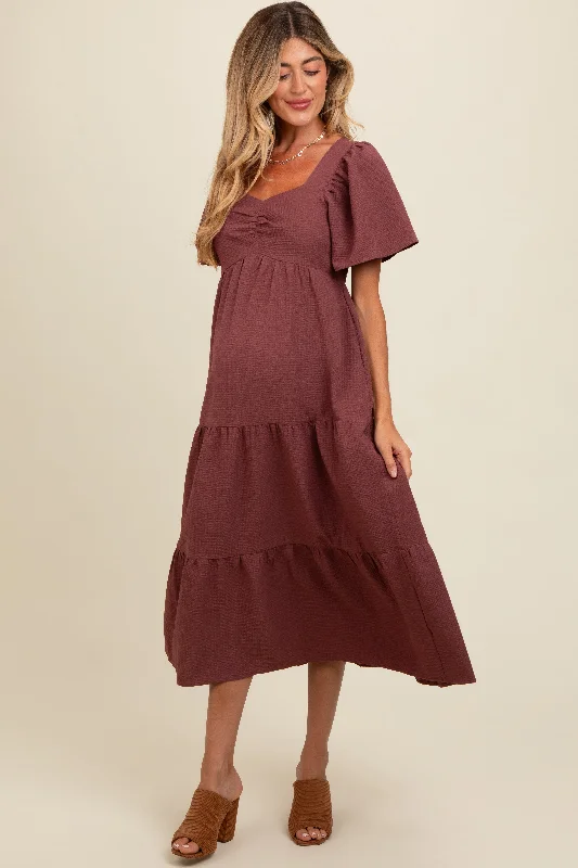 70s - inspired bohemian midi dress with a free - spirited lookBurgundy Sweetheart Neck Short Puff Sleeve Tiered Maternity Midi Dress