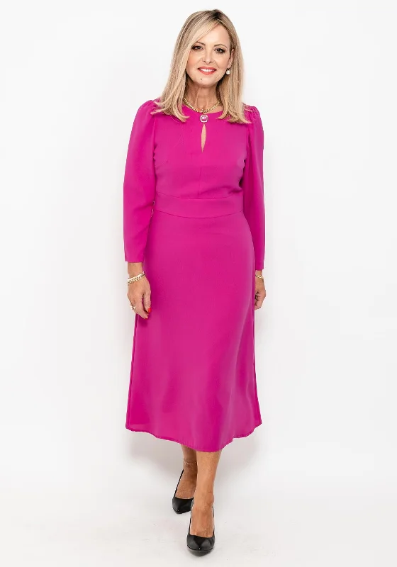 Midi dress for a beach vacation when paired with a swimsuit cover - upCamelot Button Neck A Line Midi Dress, Magenta Midi dress for a beach vacation when paired with a swimsuit cover - upCamelot Button Neck A Line Midi Dress, Magenta