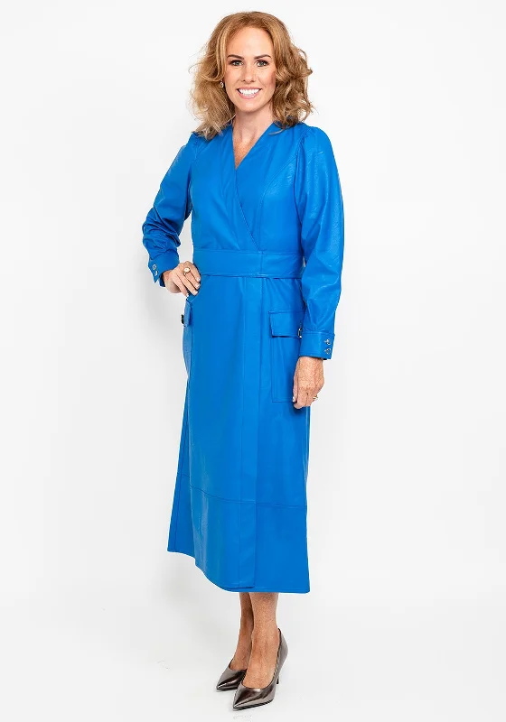 Tiered midi dress for a voluminous and feminine lookCamelot Faux Leather Wrap Midi Dress, Blue Tiered midi dress for a voluminous and feminine lookCamelot Faux Leather Wrap Midi Dress, Blue