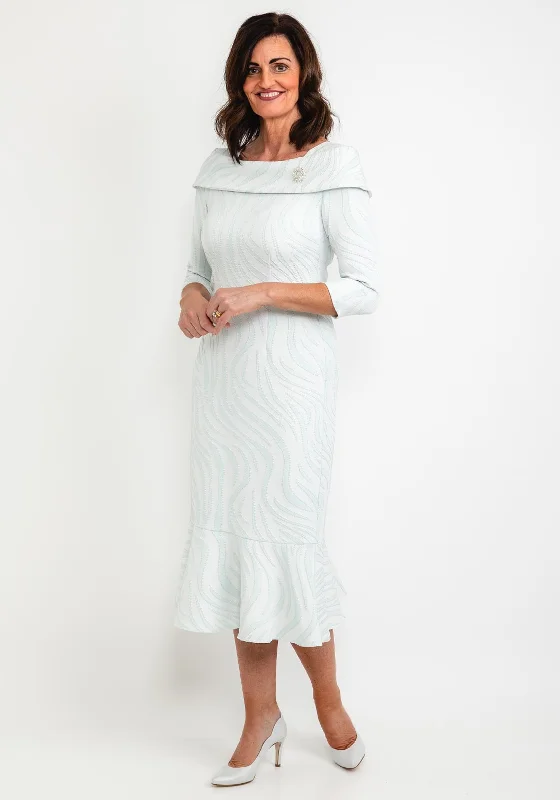 High - low hem midi dress for a modern and stylish lookCassandra Metallic Jacquard Fishtail Midi Dress, Aqua
