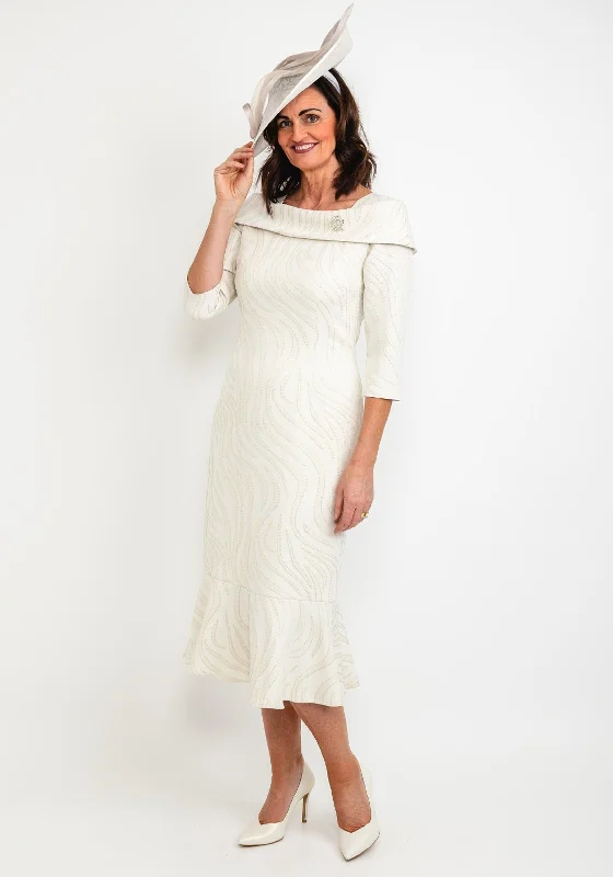 Split - hem midi dress for added mobility and a trendy styleCassandra Metallic Jacquard Fishtail Midi Dress, Cream