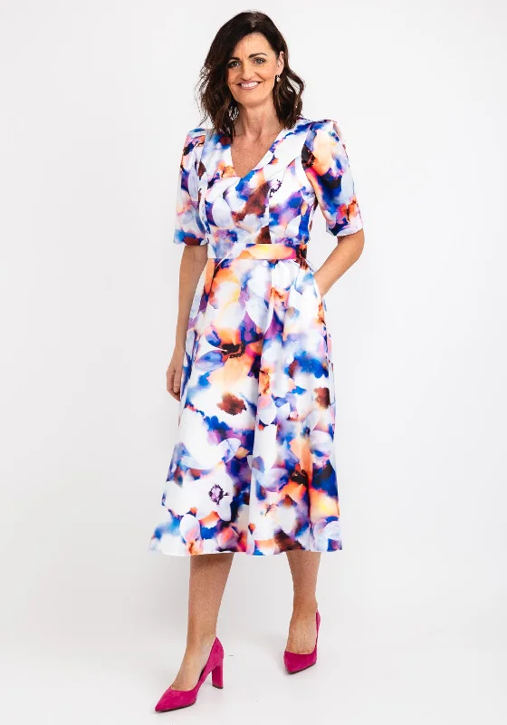 Sheer - sleeved midi dress for an alluring and glamorous effectCasting Watercolour Floral Midi Dress, Blue Multi