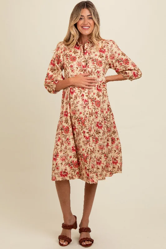 Embroidered - beadwork midi dress for a luxurious and detailed lookCream Floral Button Down Maternity Midi Dress