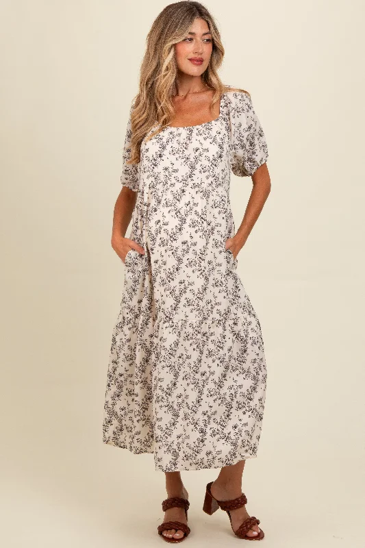 Midi dress for a family gathering in a casual settingCream Floral Ruffle Hem Maternity Midi Dress
