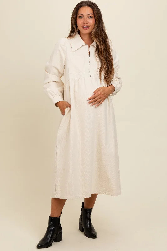 Embroidered - beadwork midi dress for a luxurious and detailed lookCream Half Zip Front Pocket Collared Maternity Midi Dress