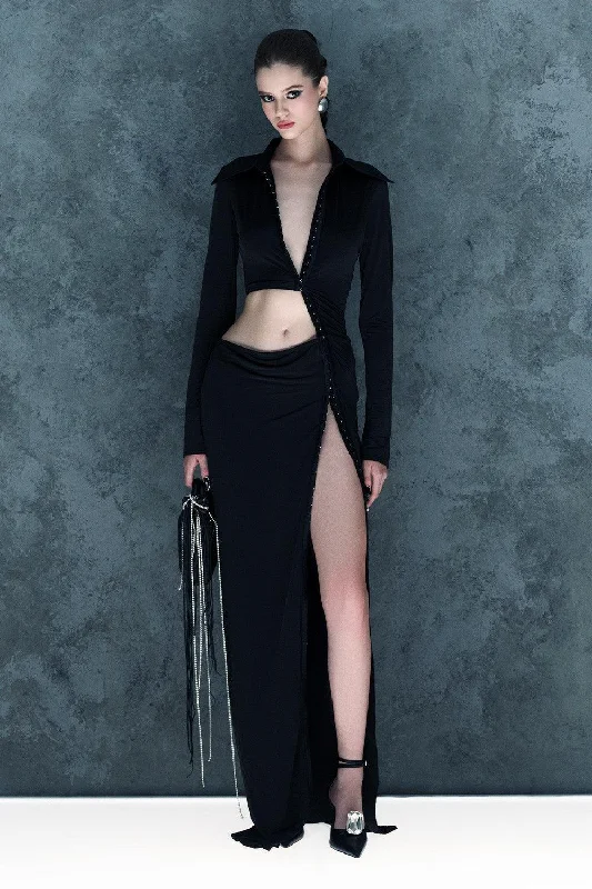 Party Dresses with Sequined Dots and Sheer Skirt for Ladies' Playful and Sultry LookEbony Slit V-Neck Elastic Spandex Floor Length Dress Party Dresses with Sequined Dots and Sheer Skirt for Ladies' Playful and Sultry LookEbony Slit V-Neck Elastic Spandex Floor Length Dress