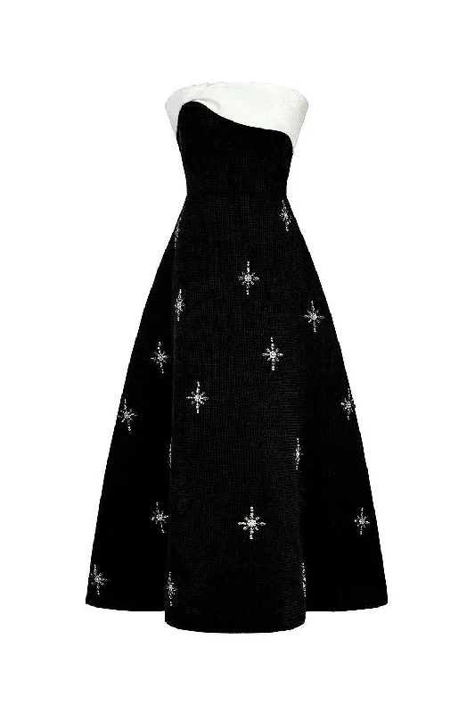 Stretch - fabric midi dress for a flexible and body - hugging fitElenor A-line Stone Tweed Midi Dress Stretch - fabric midi dress for a flexible and body - hugging fitElenor A-line Stone Tweed Midi Dress