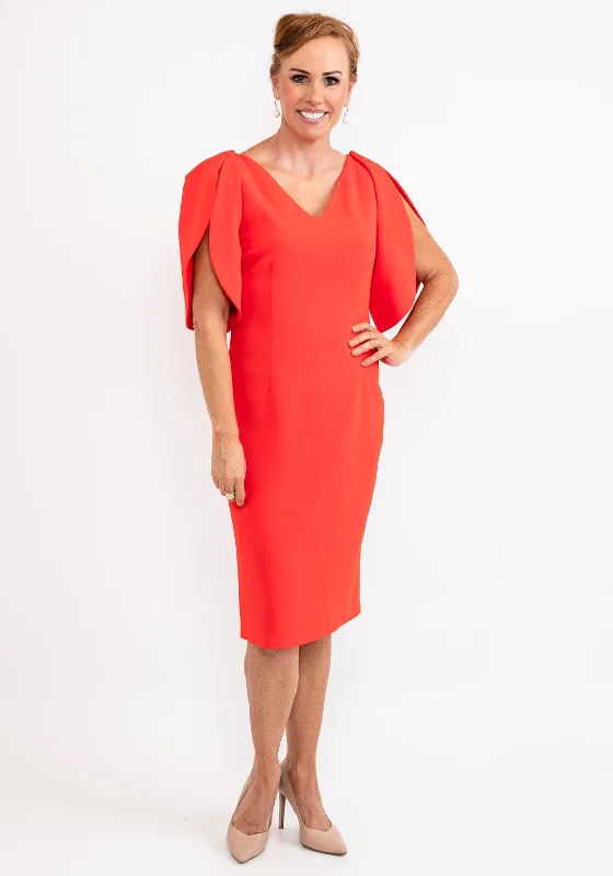 Embroidered lace midi dress for a romantic and delicate touchElla Boo Oversize Tulip Sleeve Pencil Midi Dress, Red Embroidered lace midi dress for a romantic and delicate touchElla Boo Oversize Tulip Sleeve Pencil Midi Dress, Red