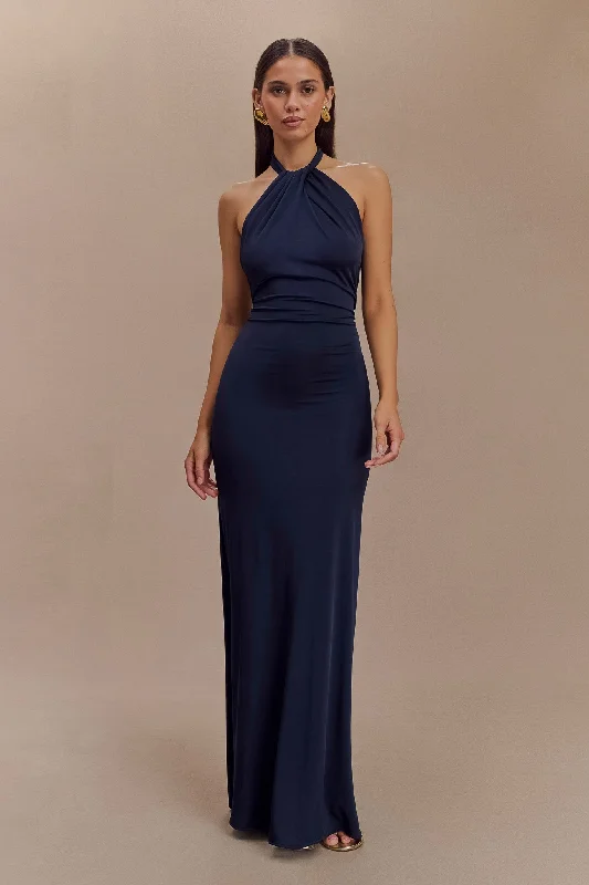 Party Dresses with Embroidered Birds and Sequined Floral Motifs and Satin and Lace Combo for Ladies' Nature Inspired and Romantic LookElyna Slinky Halter Maxi Dress - Navy Party Dresses with Embroidered Birds and Sequined Floral Motifs and Satin and Lace Combo for Ladies' Nature Inspired and Romantic LookElyna Slinky Halter Maxi Dress - Navy