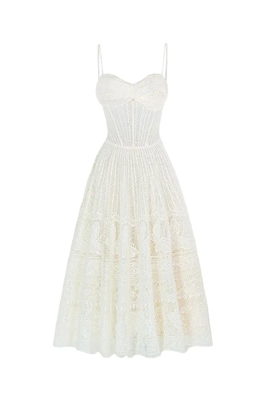 Midi dress for a movie night with a cozy sweater or jacketEnchanted A-line Spaghetti Strap Lace Midi Dress
