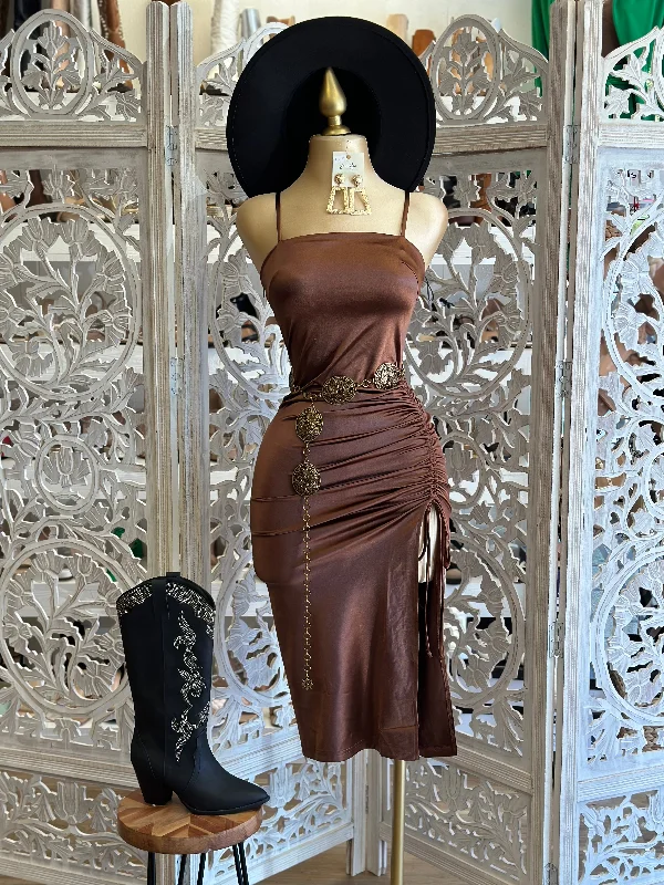 Designer - brand midi dress with a high - end labelEspresso Ruched Midi Dress