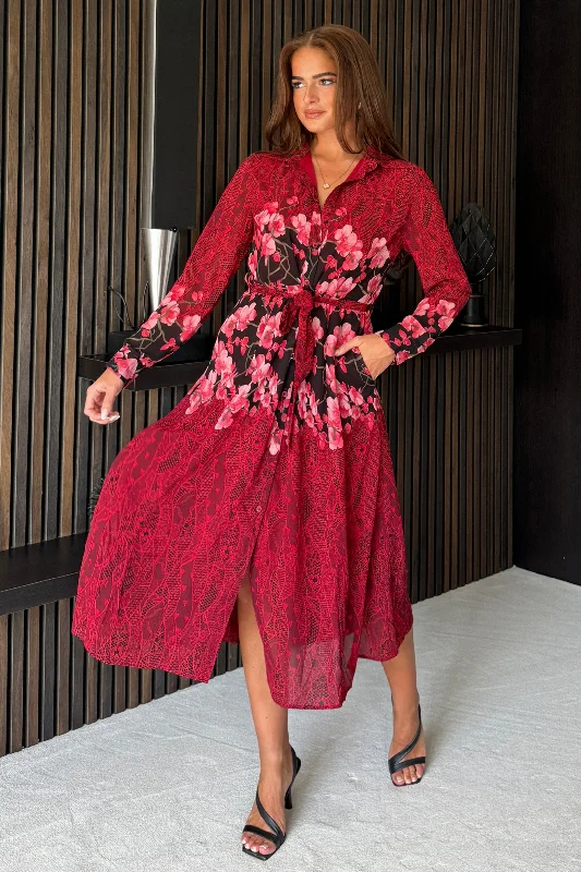 Backless midi dress for a sexy and glamorous appearanceEverly Red and Pink Floral Shirt Midi Dress Backless midi dress for a sexy and glamorous appearanceEverly Red and Pink Floral Shirt Midi Dress