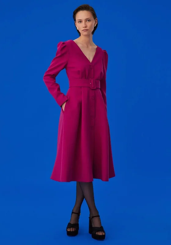 Plus size A - line midi dress with a flattering fitExquise Belted V Neck Midi Dress, Fuchsia Plus size A - line midi dress with a flattering fitExquise Belted V Neck Midi Dress, Fuchsia