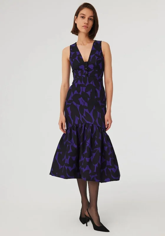 Scoop neck midi dress for a casual and comfortable styleExquise Fishtail Midi Dress, Purple & Black Scoop neck midi dress for a casual and comfortable styleExquise Fishtail Midi Dress, Purple & Black