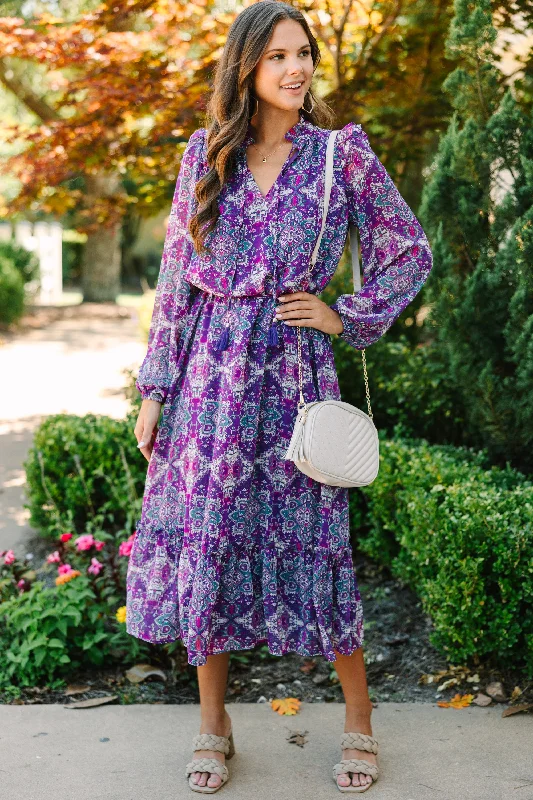 Drawstring - waist midi dress for a customizable and comfortable fitFate: Find Your Love Plum Purple Floral Midi Dress