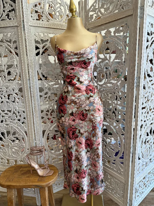 Designer - brand midi dress with a high - end labelFloral Cowl Midi Dress