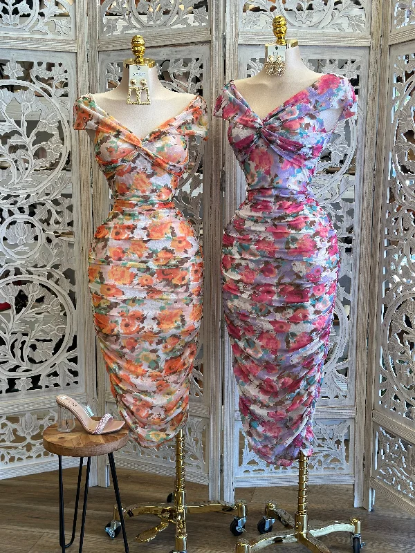 Party Dresses with Sequined Hearts and Ruffled Hem and Satin and Lace Combo and Bow at the Waist for Ladies' Romantic and Sweet LookFloral Midi Off Shoumder Ruched Dress - Estira, Stretchy Party Dresses with Sequined Hearts and Ruffled Hem and Satin and Lace Combo and Bow at the Waist for Ladies' Romantic and Sweet LookFloral Midi Off Shoumder Ruched Dress - Estira, Stretchy