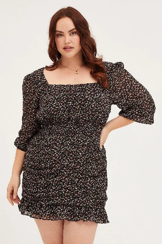 Party Dresses with Sheer Sleeve and Sequined Cuffs and Bow at the Waist for Ladies' Elegant and Sweet LookFloral Print Skater Dress Square Neck Long Sleeve Party Dresses with Sheer Sleeve and Sequined Cuffs and Bow at the Waist for Ladies' Elegant and Sweet LookFloral Print Skater Dress Square Neck Long Sleeve