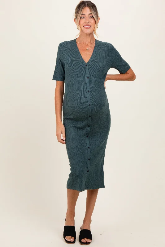 70s - inspired bohemian midi dress with a free - spirited lookForest Green Button Down Maternity Sweater Midi Dress