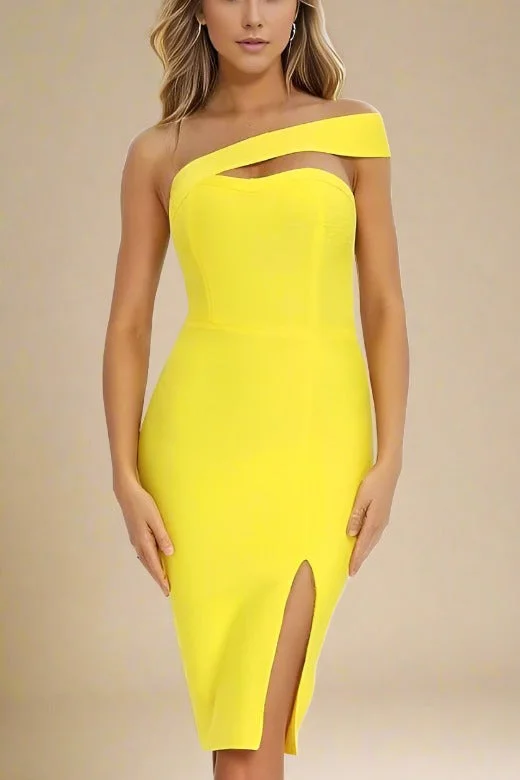 Party Dresses with Embroidered Birds and Sequined Floral Motifs for Ladies' Nature Inspired and Elegant LookGianna Bandage Dress - Sun Yellow Party Dresses with Embroidered Birds and Sequined Floral Motifs for Ladies' Nature Inspired and Elegant LookGianna Bandage Dress - Sun Yellow