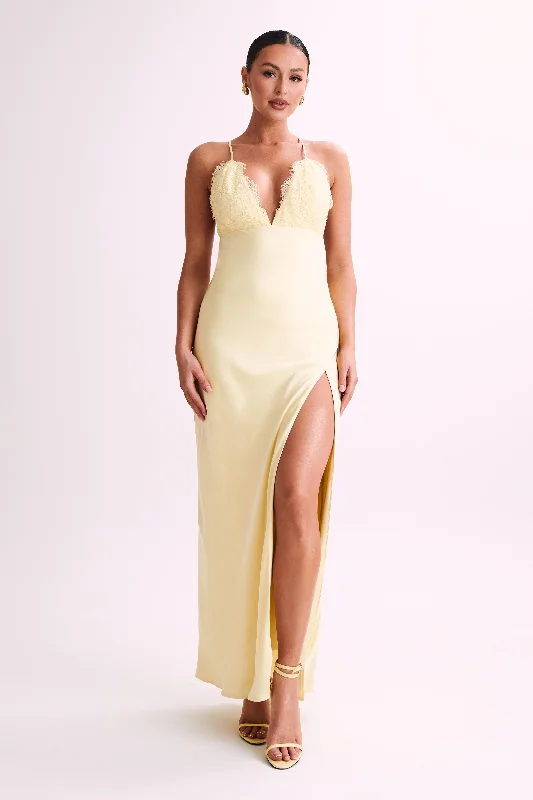 Party Dresses with Ruffled Sleeveless Top and Sequined Bodice and Tulle Skirt for Ladies' Dramatic and Glamorous LookGina Satin Slip Maxi Dress With Lace - Lemon Party Dresses with Ruffled Sleeveless Top and Sequined Bodice and Tulle Skirt for Ladies' Dramatic and Glamorous LookGina Satin Slip Maxi Dress With Lace - Lemon