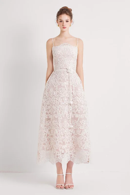 Midi dress for a beach vacation when paired with a swimsuit cover - upGladys A-line Sleeveless Mesh Lace Midi Dress