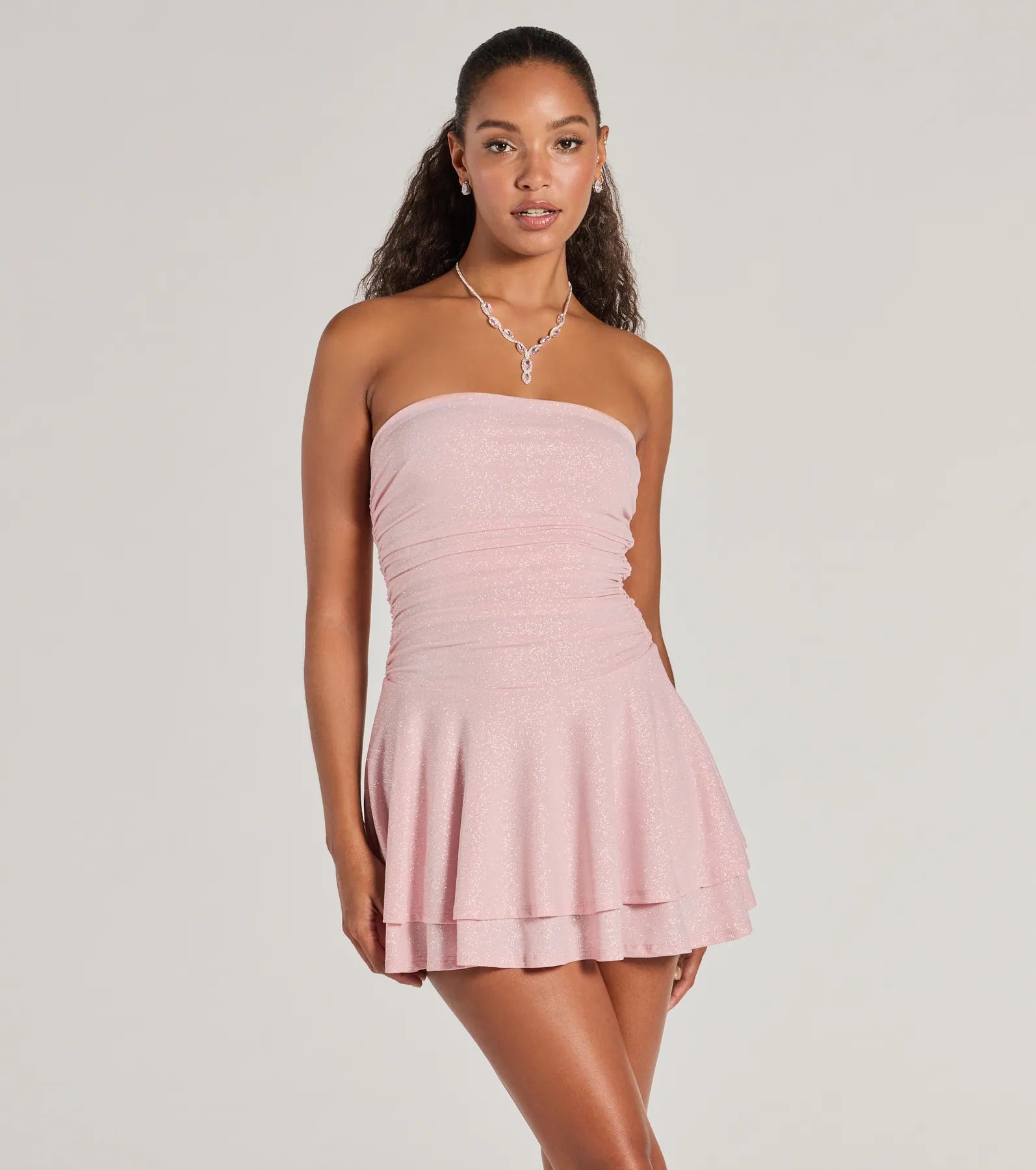 Party Dresses with Sheer Sleeve and Sequined Cuffs and Bow at the Waist and Embroidered Skirt for Ladies' Elegant and Intricate LookGlittery Impression Strapless Tiered Ruffle Skater Dress Party Dresses with Sheer Sleeve and Sequined Cuffs and Bow at the Waist and Embroidered Skirt for Ladies' Elegant and Intricate LookGlittery Impression Strapless Tiered Ruffle Skater Dress