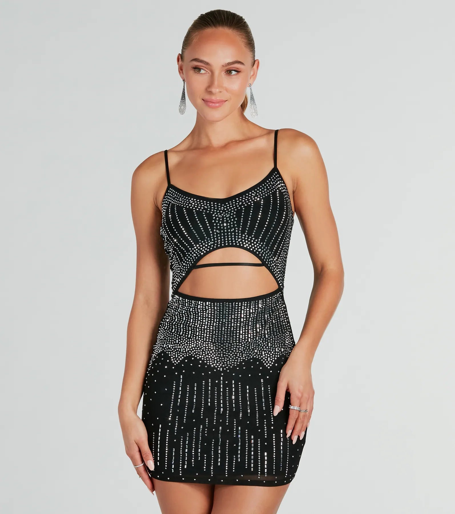 Party Dresses with Embroidered Floral Patterns and Tassel Hem for Ladies' Bohemian and Feminine LookGlitzy Cutout Rhinestone Mesh Mini Party Dress Party Dresses with Embroidered Floral Patterns and Tassel Hem for Ladies' Bohemian and Feminine LookGlitzy Cutout Rhinestone Mesh Mini Party Dress
