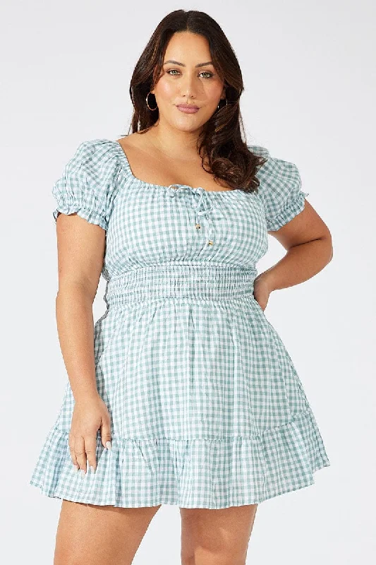 Tulle Party Dresses with Beaded Waistband for Ladies' Defined Waist and Graceful LookGreen Check Fit And Flare Dress Short Sleeve Shirred Waist Tulle Party Dresses with Beaded Waistband for Ladies' Defined Waist and Graceful LookGreen Check Fit And Flare Dress Short Sleeve Shirred Waist