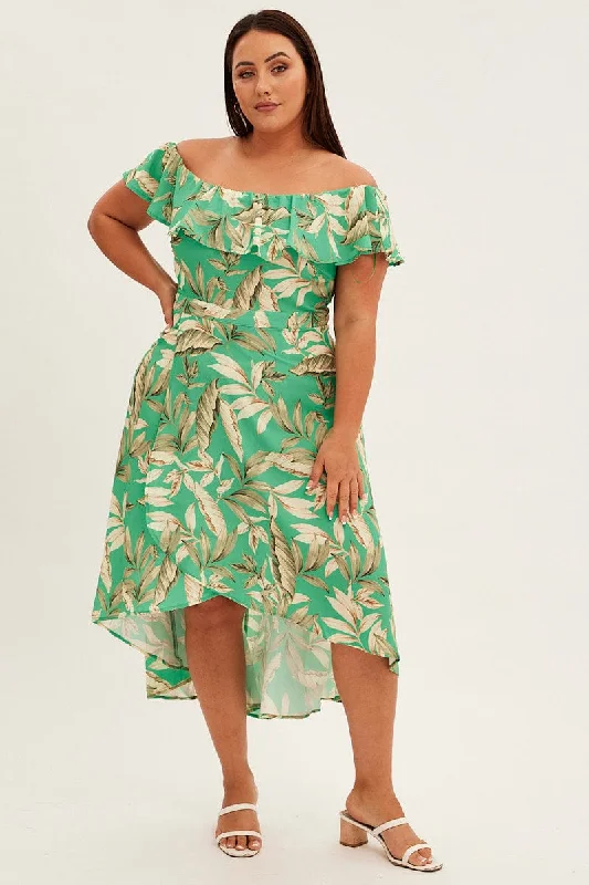 Party Dresses with Satin Trimmed Collar and Ruffled Hem for Ladies' Classic and Girly LookGreen Floral Maxi Dress Off Shoulder Crepe Party Dresses with Satin Trimmed Collar and Ruffled Hem for Ladies' Classic and Girly LookGreen Floral Maxi Dress Off Shoulder Crepe